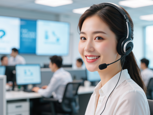 客服中心工作场景，多名客服人员佩戴耳机坐在工位上接听电话，背景整洁有序，体现专业客户服务团队的工作状态