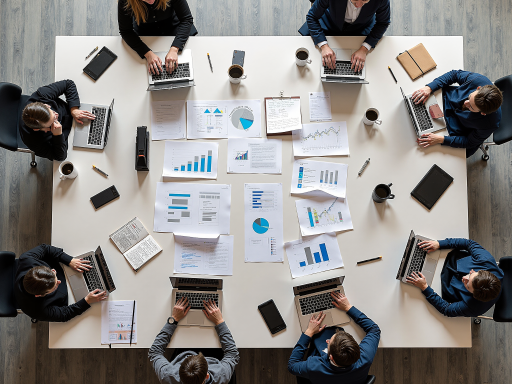 电商运营团队工作场景，多名专业人员围坐在会议桌前讨论数据分析报告，桌上摆放笔记本电脑和相关资料，体现专业运营团队协作氛围